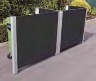 Frame: Vandalex Ecoboard Panelling: 100% recycled polyethylene Capacity Two sided screen 770 600 litre, 660 litre or 770 litre wheeled bin Two sided screen 1280 1100 litre or