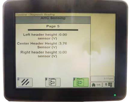 AUTO HEADER HEIGHT CONTROL (AHHC) 7. Press icon (A) until it reads Page 5 near top of the page and following sensor readings appear: LEFT HEADER HEIGHT CENTER HEADER HEIGHT RIGHT HEADER HEIGHT 8.