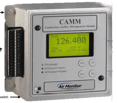 CAMM TM Combustion Airflow Management Module Construction Features Hinged removable top cover External, unitary plug-in terminal strips for field wiring connections Graphical backlit LCD Aluminum
