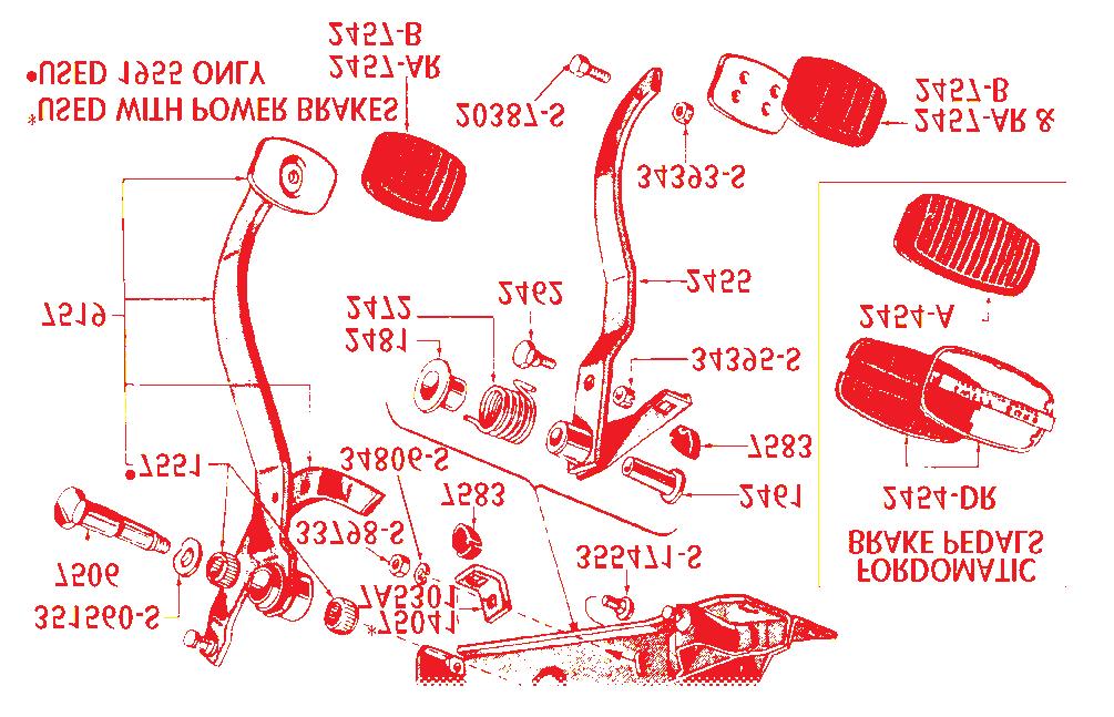 95 49/51 TYPICAL SHIFT BRAKE PEDAL 52/UP TYPICAL BRAKE & CLUTCH PEDAL 8A-2456-BR 2456 SPRING - BRAKE PEDAL & PARKING BRAKE *8A-2456-BR 49/51, Brake pedal retracting 49/51, Convt.