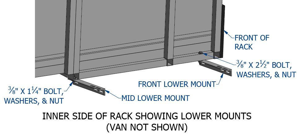 Step 9. Attach front/mid lower mounts to rack Using the slot in the lower mount as a guide, drill a 3/8 hole through the aluminum tube on the bottom back side of the glass rack.