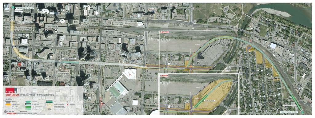 Evaluated Options Option 3 Staged Around Victoria Park Transit Centre Would route the Green Line north of the Transit Centre until the Centre is re-located, at which time the Green Line tracks would