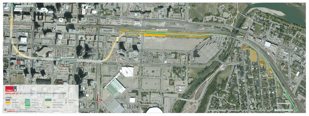 Evaluated Options Option 4 Transition to 10 Avenue S.E. Recommended Would continue underground from Centre Street S station, going under MacLeod Trail S.E. and the Red Line LRT tunnel before jogging north to 10 Avenue S, where it would come to surface and run parallel to the south side of the CP tracks.