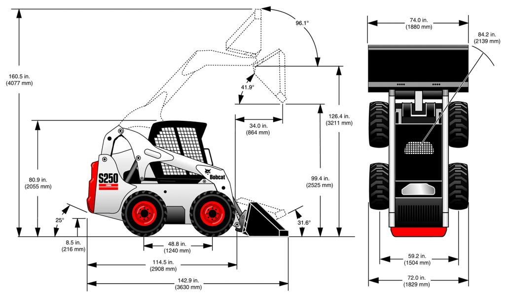 Sida 1 av 10 Copyright 2000-2011 Bobcat Europe S250/S250H Skid-Steer Loaders 5261 12200 5261 99999 10/03/2004 Dimensions Angle of departure 25 Carry position 246 mm Dump angle at maximum height 41.
