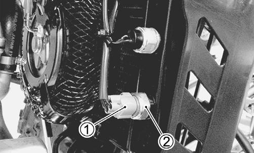 Drain the coolant in the radiator to a point below the lower temperature switch. 2. Disconnect the cooling fan thermo-switch lead wire coupler (1); then remove the cooling fan thermo-switch (2).