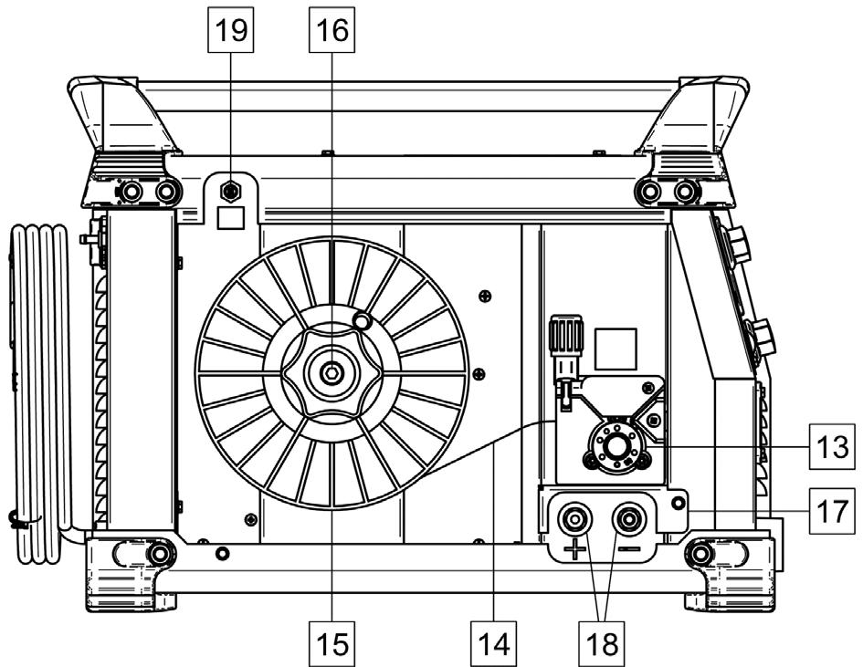 15. Spooled Wire (for GMAW / FCAW-SS): The machine does not include a spooled wire. 16. Wire Spool Support: Maximum 5kg spools. Accepts plastic, steel and fiber spools onto 51mm spindle. 17.
