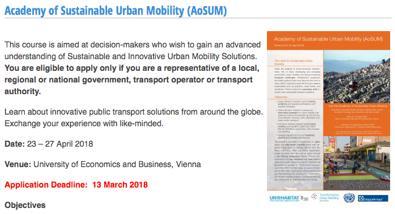 Trainings and capacity building in 2018 Academy of Sustainable Urban Mobility