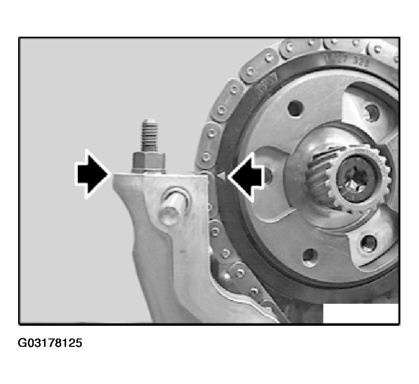 Fig. 208: Aligning Arrow On Timing Chain Insert special tool 11 4 220 in cylinder head and bring adjustment screw into contact with tensioning rail,