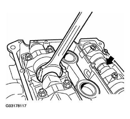 Fig. 200: Aligning Camshafts With Open-End Wrench Fit special tool 11 3 240 to camshafts on