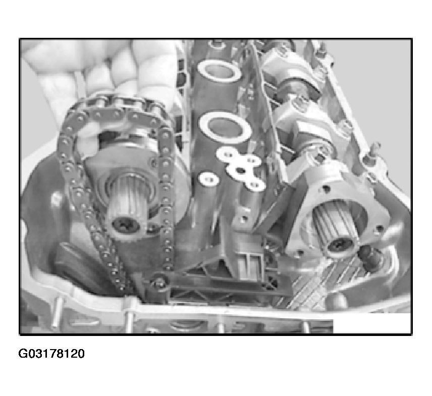 Fig. 203: Lifting Timing Chain Turn engine from 30 before TDC position in direction of rotation as far as TDC position.