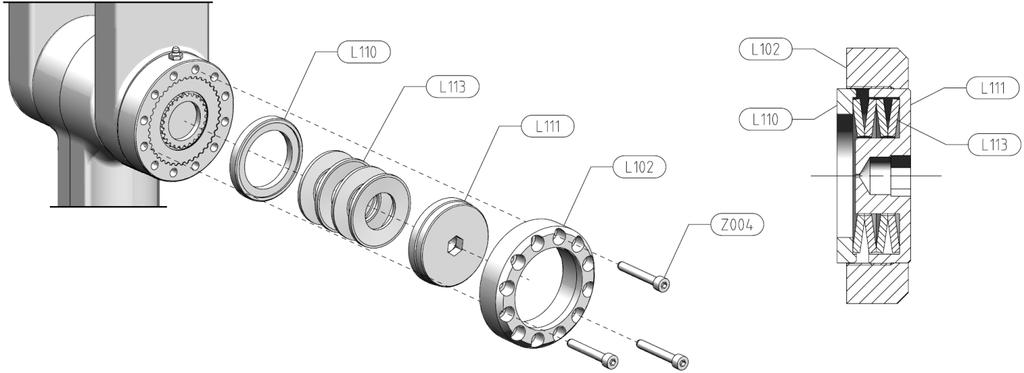 Stack the brake lamella (L910 and L911) alternating them so that a lamella with toothed outer rim (L910) is placed as the first and as the last on the stack.