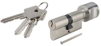 Master Key System SA MK Double profile cylinder with round thumb turn 6 pins keying system Available with fixing screws and 3 brass keys Master key on request Length A/B mm Packing: 1 pc.