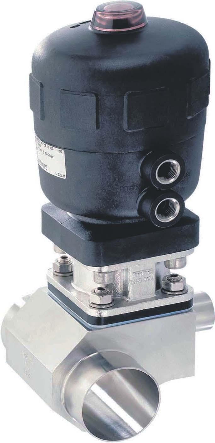 Type 3234, valve bonnet and hand wheel Material: hand wheel PPS valve bonnet PPS Type 2032 Pneumatically operated T-valve with zero dead volume, stainless steel