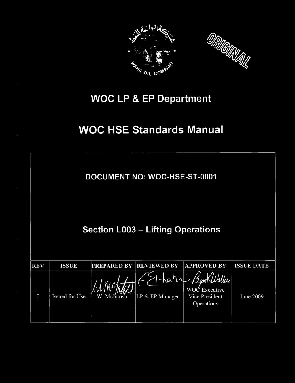 WOC-HSE-ST-0001 Section L003 - Lifting Operations REV ISSUE PREPARED BY REVIEWED