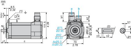 Dimensions Drawings Servo Motors Dimensions Example with Straight Connectors a: Power supply for servo motor brake b: Power supply for servo motor encoder (1) M4 screw (2) Shaft end, keyed slot