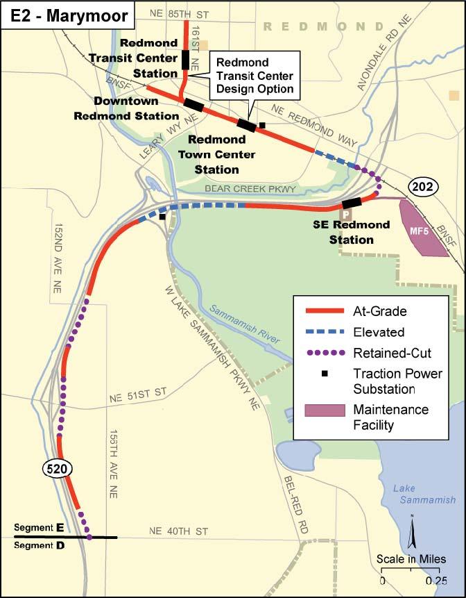 Alternative D3 remains in a retained-cut profile, heading north at 152nd Avenue NE, and transitions to an atgrade center-running route just south of NE 24th Street.