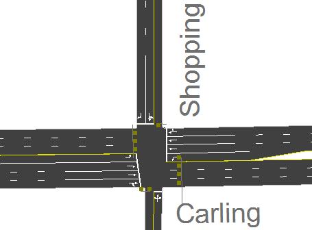 The eastbound approach consists a two through lanes and a shared through/right-turn lane.