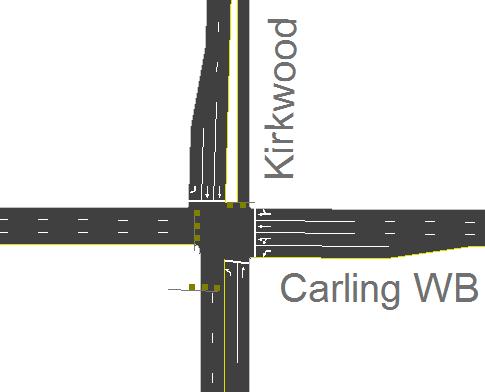 The northbound approach consists of a single left-turn lane, a single through lane and a single channelized right-turn lane.
