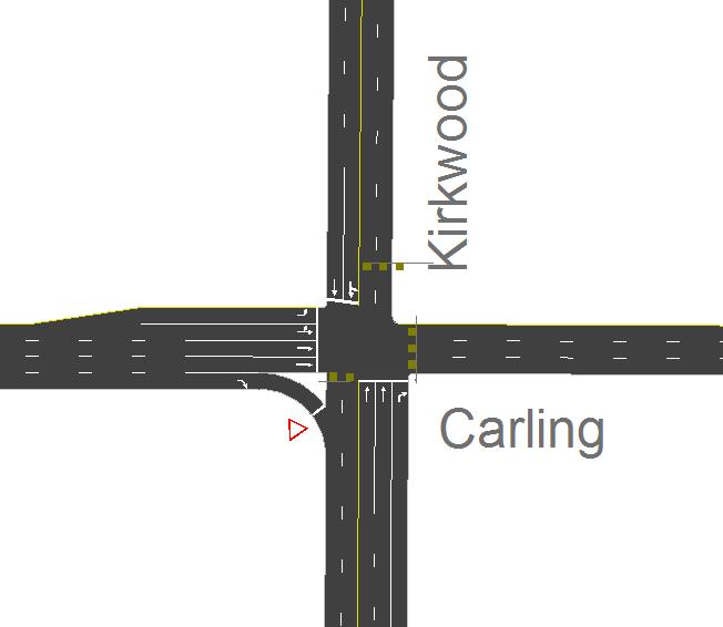 The eastbound approach consists of a single channelized right-turn lane, two through lanes, a shared through/left-turn lane and a left-turn