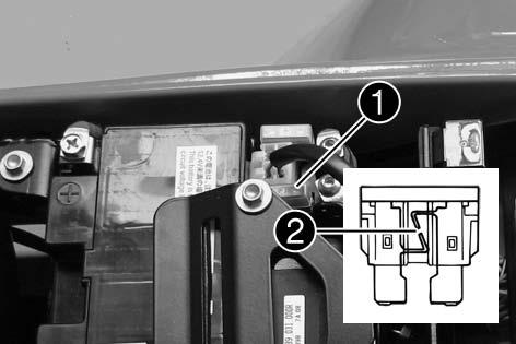 74Removing the main fuse Switch off all power-consuming components and switch off the engine. Remove the seat ( P. 55) Remove the protection cover. Remove the main fuse. 600108-10 8.