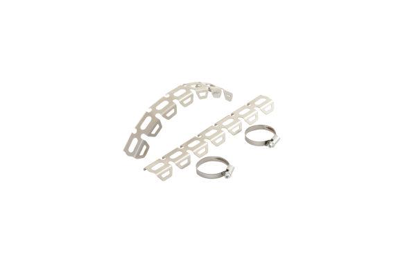 106 Special parts Manifold guard, flexible, BMW This heat shield is made from laser-cut stainless steel. Thanks to the special construction, it can easily be adapted to any manifold shape.