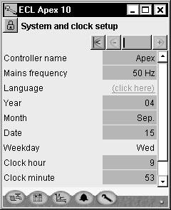System setup 1. Go to the Configuration menu 2. Choose System and clock setup Press the line System and clock setup. You have to set the time and date in order to activate the control functions. 3.