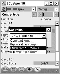 4. Choose Control strategy (heating circuits only) Constant temp. = Constant temperature control (no weather compensation) 6-pt weather comp.