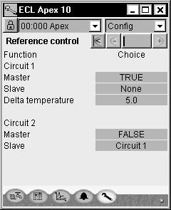 Reference control 1. Go to the Configuration menu 2. Select Reference control Decide which circuit, if any, should be influenced by another circuit (slave).