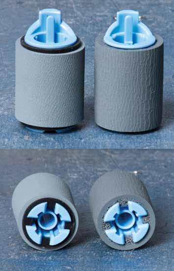 rollers. Below: pickup rollers. Despite different core material and widths, the new and old roller versions interchange.