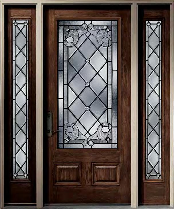 Example shown below: Architect Series 3/4 light premium ahogany-grain fiberglass entry door prefinished in Dark ahogany stain with Verona decorative glass and EnduraClad frame in Putty.
