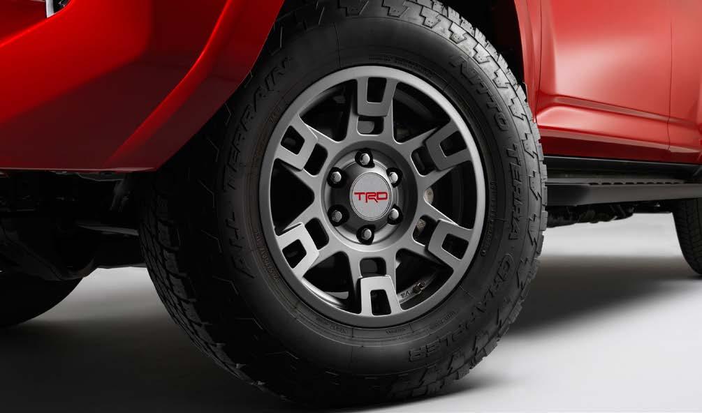 TRD 17-IN. ALLOY WHEELS 7 Nothing makes a statement quite like custom wheels. These alloys with the TRD logo center cap throw down while styling up.