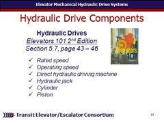 A detailed discussion on hydraulic drives is found in Elevators 101 2 nd Edition, Section 5.7, pages 43-46.