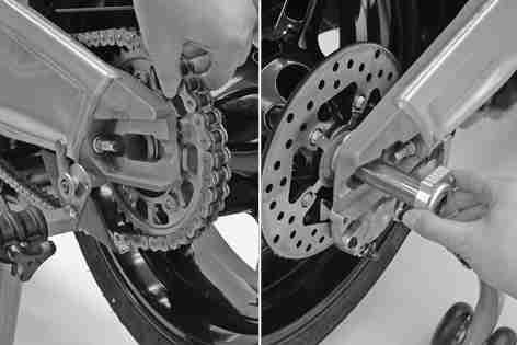 MAINTENANCE WORK ON CHASSIS AND ENGINE 142 Push the rear wheel forward as far as possible and place the chain on the rear sprocket. Pull the rear wheel back and push in the wheel spindle.