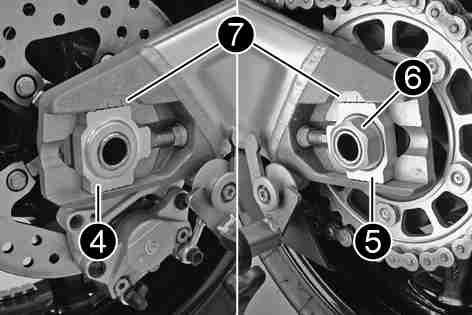 Guideline In order for the rear wheel to be correctly aligned, the markings on the left and right chain adjusters must be in the same position relative to the reference marks.