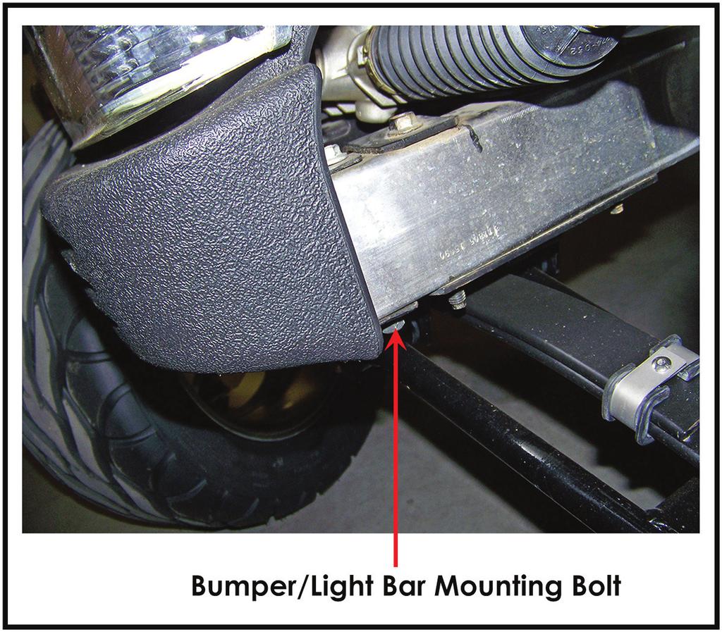 Instructions: Remove the original bumper by removing the bolt shown in picture. There is one located on each side. Some force may be needed to pull the bumper off the frame.