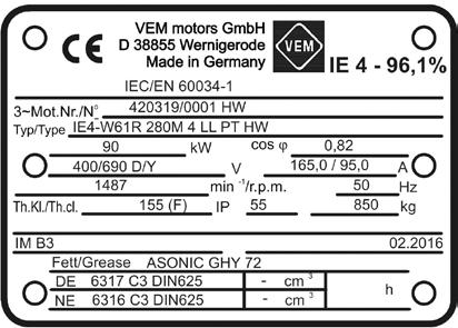 Technical explanations Rating plate In the normal standard version, the motor rating plate displays information in the German and English languages.