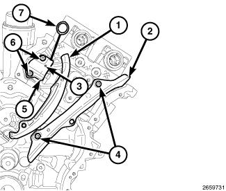 5. If removed, install the left side cam chain guide (2) and tensioner arm (1). Tighten bolts (4) to the proper (Torque Specifications). 6. If removed, install the left side cam chain tensioner (5).
