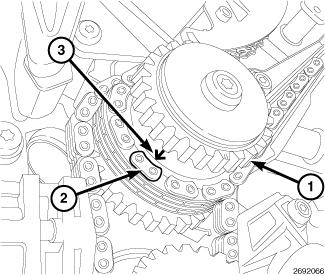 Tighten bolts (4) to the proper (Torque Specifications) and remove the Tensioner Pin 8514 (3). 18. Press the left side intake cam phaser onto the intake camshaft.