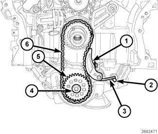 26. While maintaining this alignment, route the cam chain around the exhaust and intake cam phasers so that the plated links are aligned with the phaser timing marks (1).