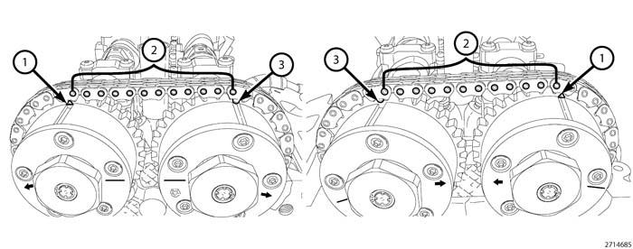 32. Remove the Tensioner Pins 8514 (1) and (6) from the right side and left side cam chain tensioners. 33.