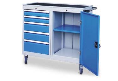 multiplex 25 mm 4 x Castor wheels Ø 80 mm, 2 x with locking device Grip handle Left: 5 x drawers Right: 1 x hinged door and 1 x shelf 04.11.