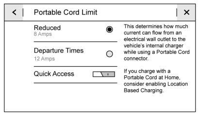 Charging at the top of the display. Portable Cord Limit and Charge Overrides displays may not be displayed if quick access to these options is not turned on.
