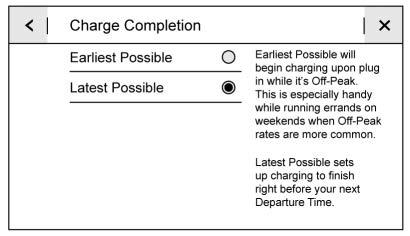 Instruments and Controls 129 Touch one of the following options to select the Charge Rate Preference:. Off-Peak Only: The vehicle will only charge during Off-Peak rate periods.