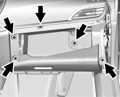 1. Open the glove box door (1) completely. Grasp the edges of the side instrument panel trim (2) and pull to remove from the instrument panel. 2.