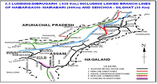 G.C. Lumding-Dibrugarh including Branch lines 628 Km., Haibargaon- Mairabari (44.53 Km) and Senchoa- Silghat (61.44 Km) 1. Project Details Target: Project Completed & Commissioned. 1993-94 628 Km 971.