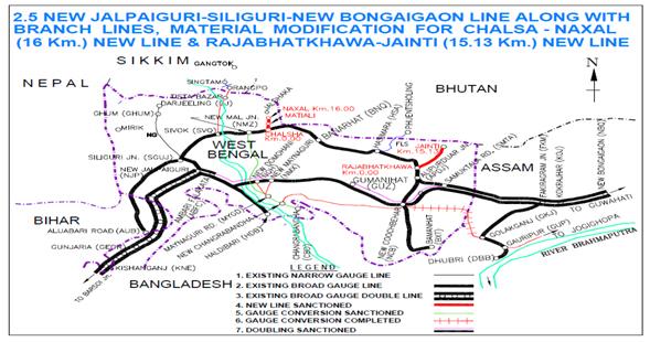 New Jalpaiguri-Siliguri-New Bongaigaon including Branch Lines (417 Km) and Material Modification for Chalsa- Naxal(19.85 Km) and Rajabhatkhawa-Jainti(15.13 Km)New line.(total=451.98km) 1.