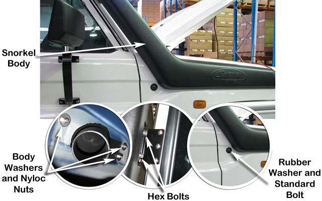 Install the rubber washer (item 12) to the standard Toyota bolt assembly removed in step 2 and fasten into the lower mount hole in the guard panel.