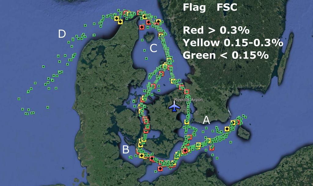 Figure 22. Spatial distribution of the ships measured around the Danish coast during the period July 2015 to October 2016.