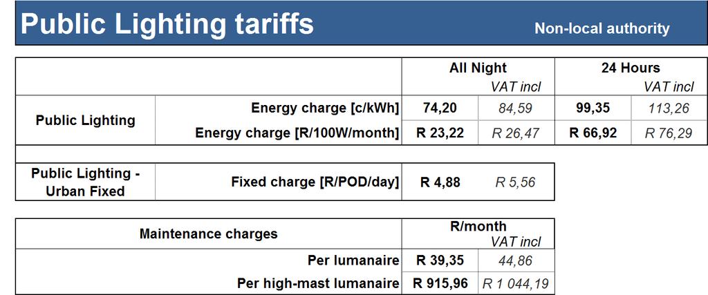 18. Public Lighting non-local authority tariff Electricity tariff for public lighting or similar supplies in Urbanp areas where Eskom provides a supply for, and if applicable maintains, any street