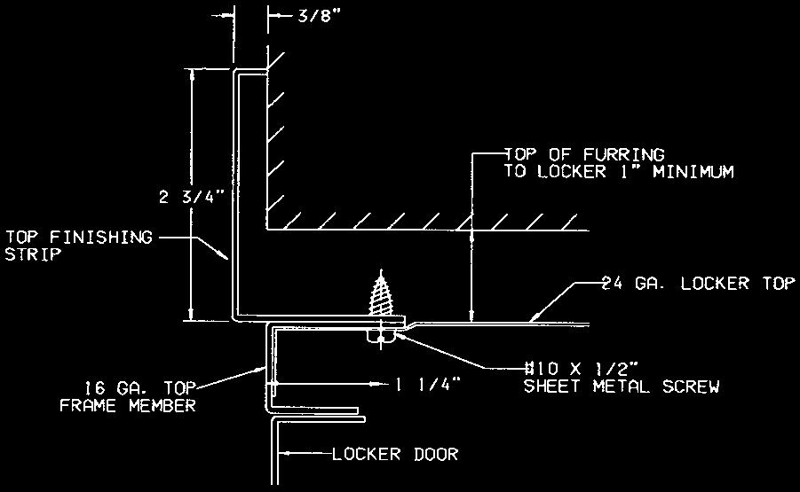 Top finishing strip 2-3/4" Splice cap Recess Dimensions Length of recess = overall length of lockers plus 2" 2-3/4" Locker sides Locker door frames Locker door Depth